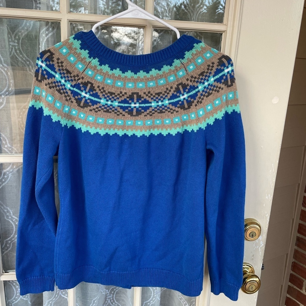 💙 Talbots Fair Isle Button-Front Cardigan – Blue Multi – Size MP - Picture 3 of 4